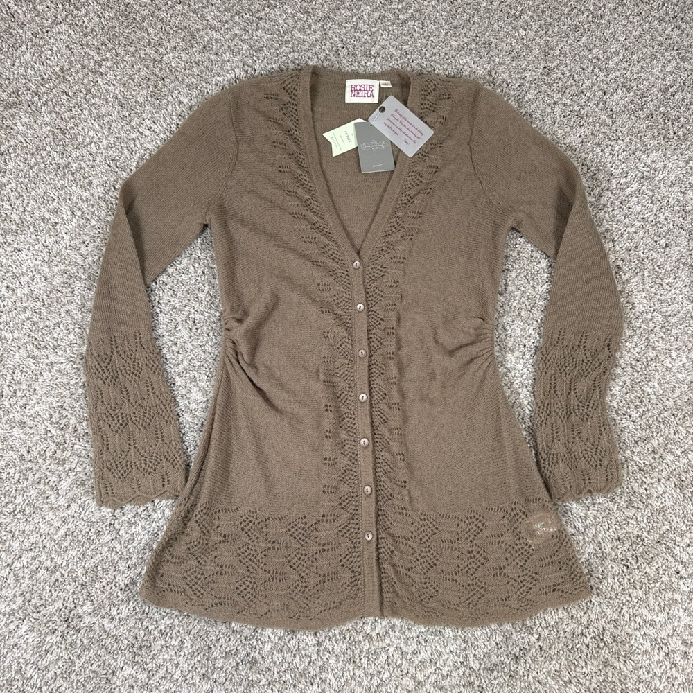 Rosie Neira Anthropologie Cardigan Womens L Taupe Pointelle Mohair Fairy Cottage